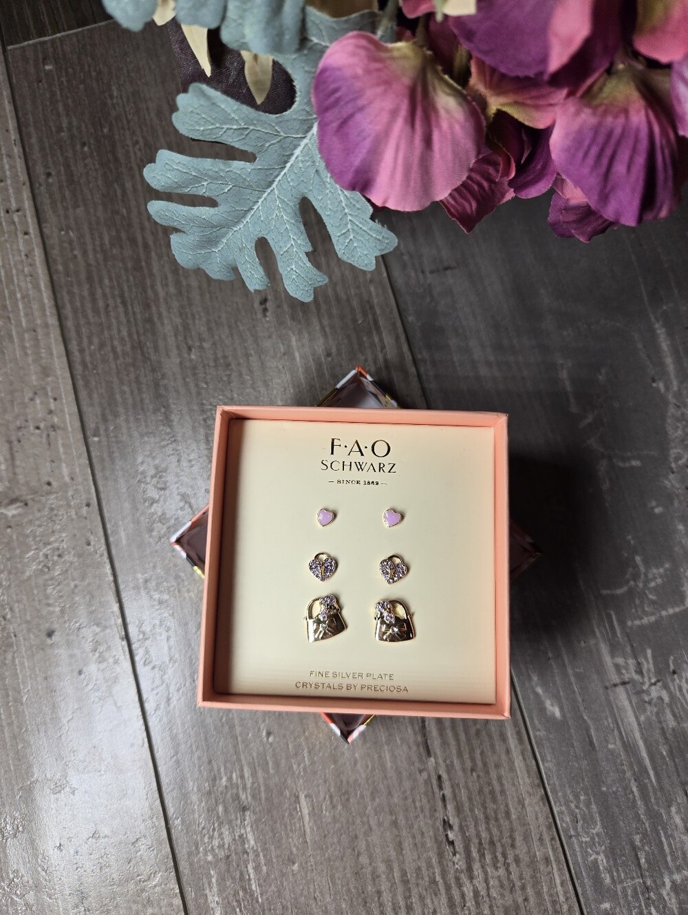 NWT FAO Schwarz Fine Silver Plate Purple Crystal Earring Set